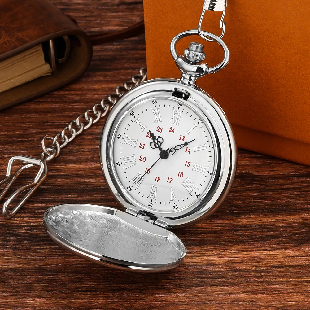 With Watch Box Silver Smooth Double Cover Roman & Red 24 Hour Number Dial Quartz Pocket Watch Retro Gift for Men Women