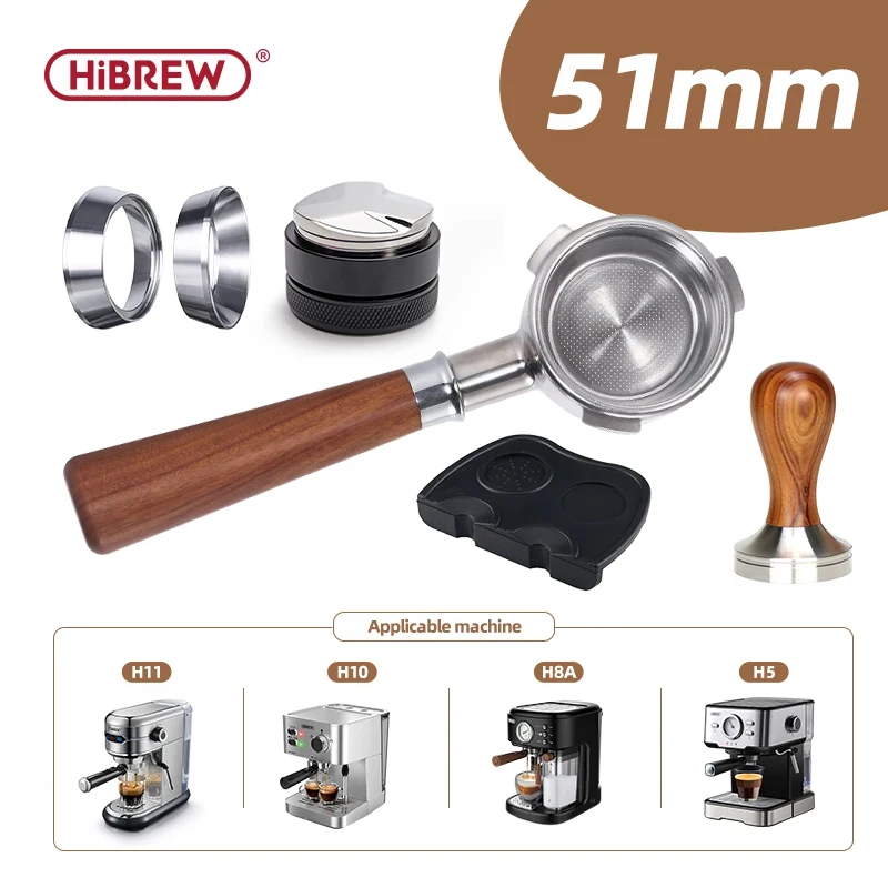 HiBREW-Cabo Bottomless Coffee Powder, Aço Inoxidável 304 e Madeira Maciça, 51mm