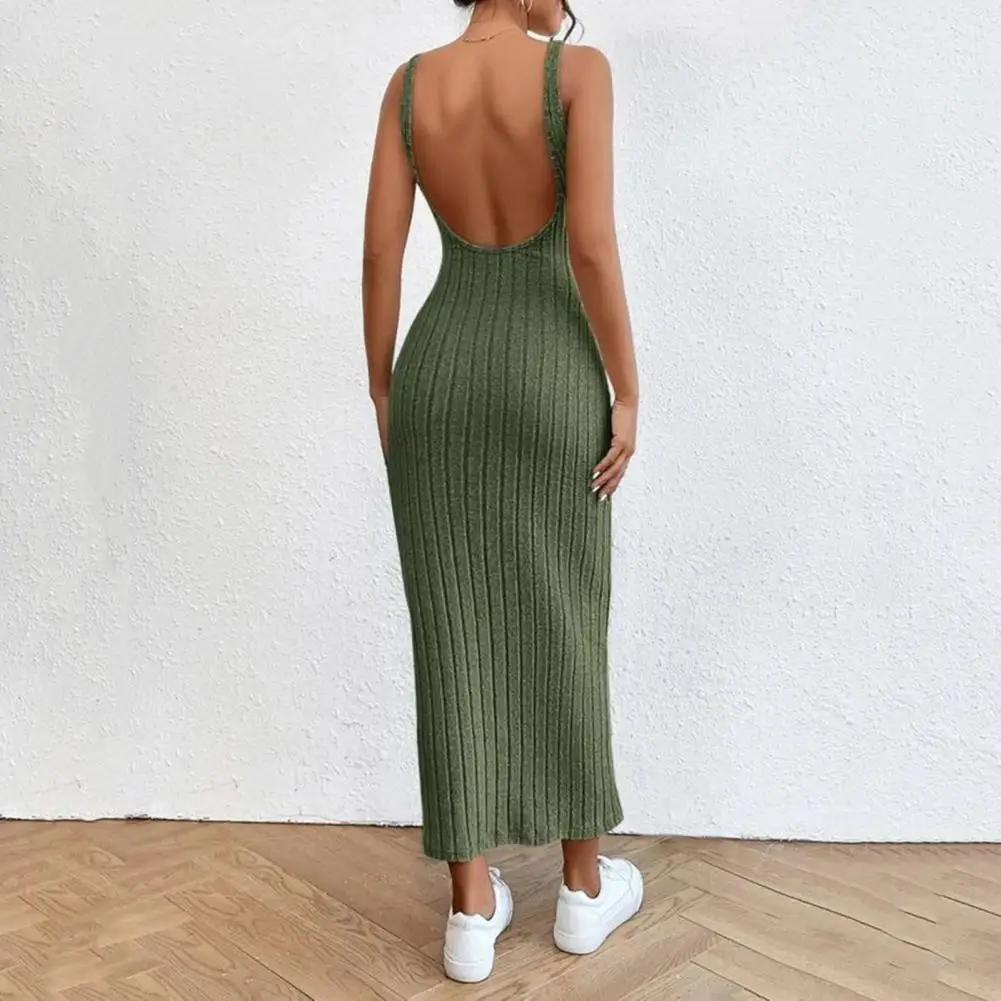 Summer Women Solid Backless Tank Dress senza maniche tinta unita elastico a righe guaina vita sottile Maxi abito lavorato a maglia abiti lunghi