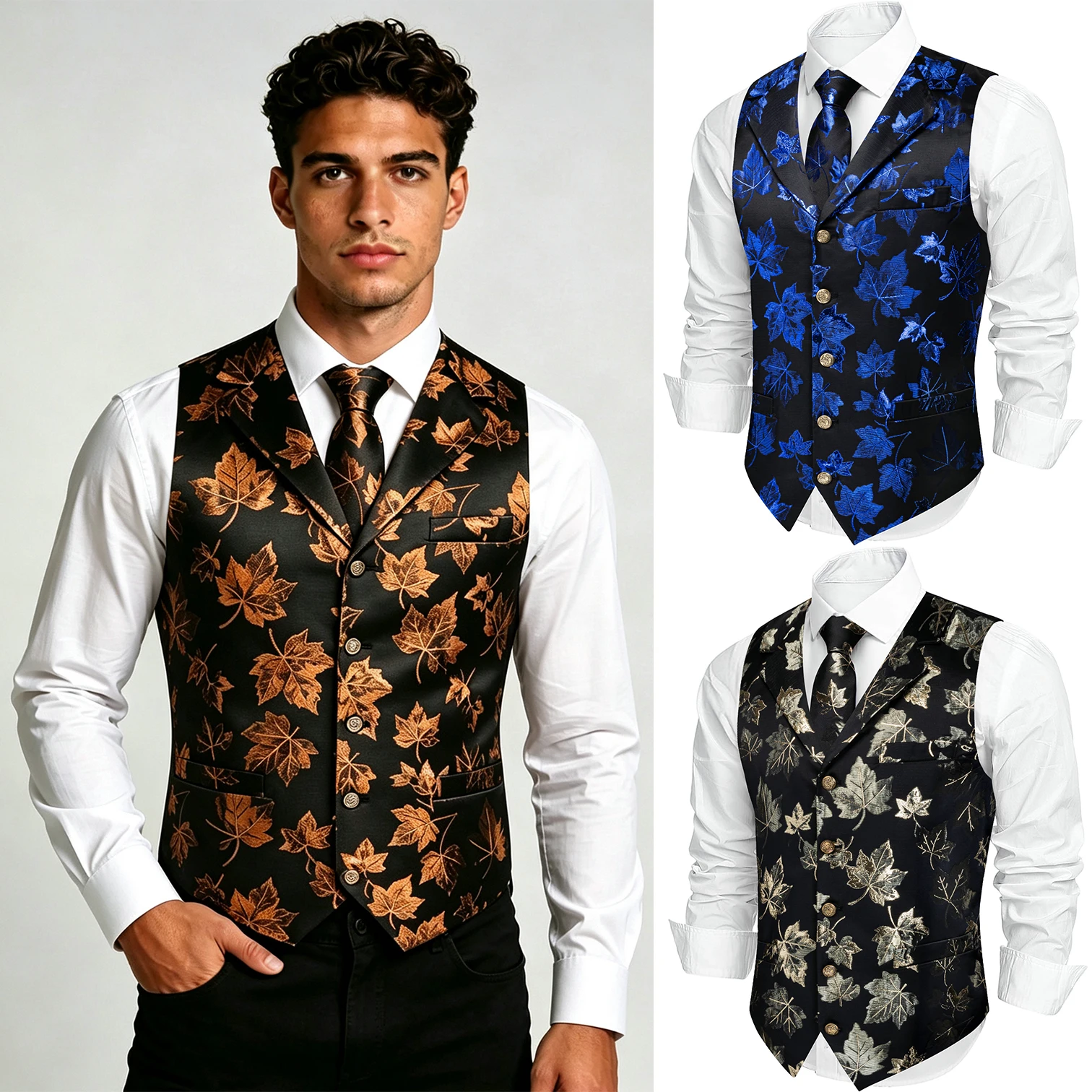 3pcs Vintage Jacquard Waistcoat Tie Set Maple Leaf Allover Pattern Notch Collar Formal Dress Vest for Wedding Party Banquet