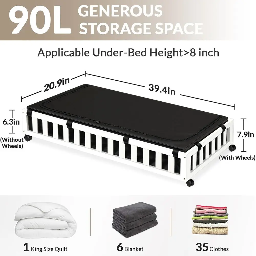 Pojemniki bambusowe na kółkach, 39x20x7,8 Duże pojemniki pod łóżko w kolorze białym