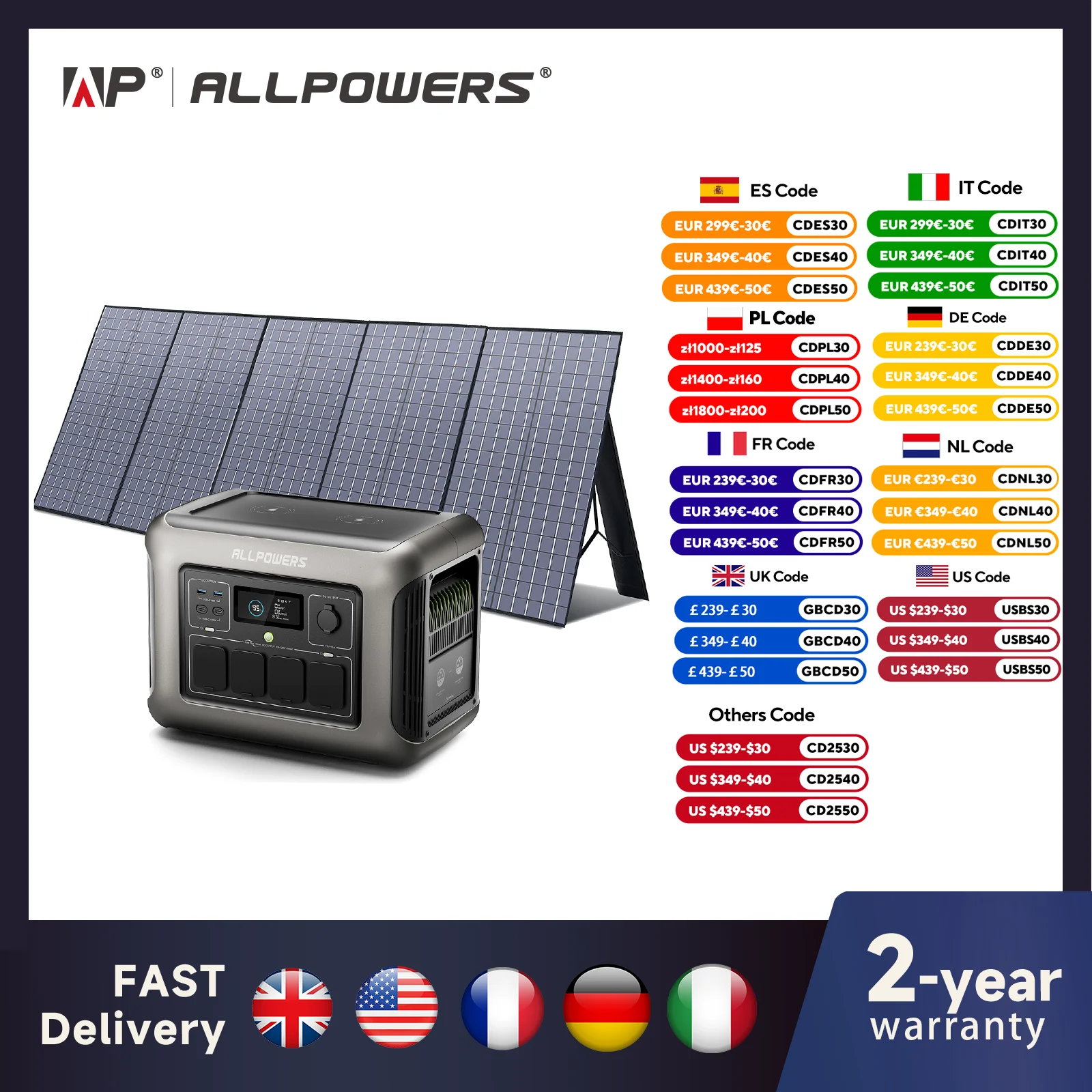 ALLPOWERS Foldable Solar Panel 400W / 2X400W Solar Charger with Solar Output , 2016Wh 2500W LiFePO4 Portable Solar Powerstation