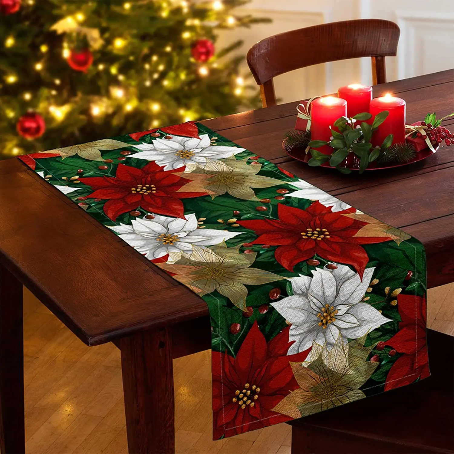 Christmas Poinsettia  Table Runner Linen   Fake Kitchen Dining Decor for Indoor Outdoor Home Wedding Party