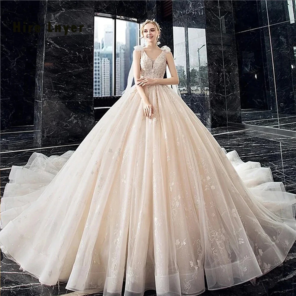 Hire Lnyer V-Neck Lace Up Back Bow Shoulder Straps Shiny Beading Pearls Gorgeous Ball Gown Wedding Dress With Chapel Train