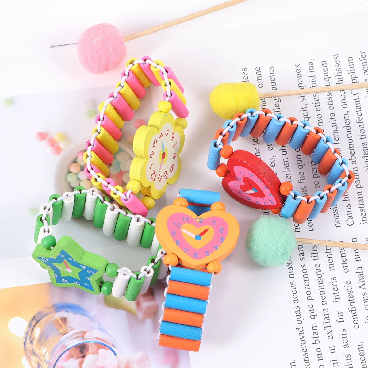 5 pçs de madeira crianças pulseira dos desenhos animados elástico relógio criativo elegante relógio de pulso para chá de bebê presentes de aniversário favor