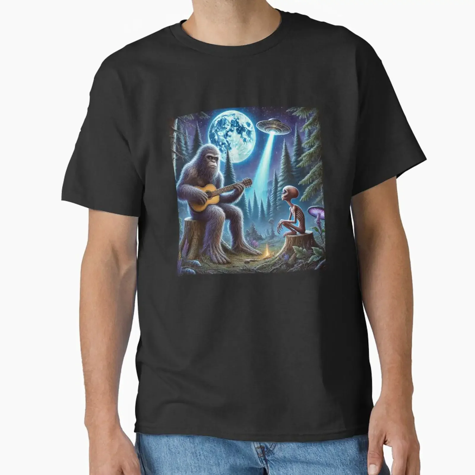 Alien Bigfoot Guitar Sasquatch UFO s For Kid Classic T Shirt vintage Washed fashion Unisex Stretched Comfortable graphic