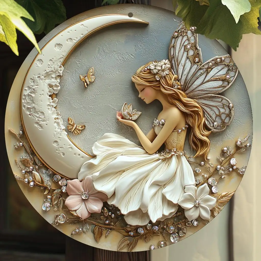 1 Stück, rundes Wandkunstschild aus Aluminium, Vintage-Fee- und Mond-Metallschild-Thema, ideal für Zuhause, Wohnzimmer, Bürodekoration, Party D