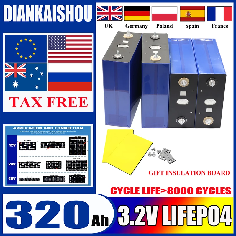 1-16PCS 3.2V 320Ah Lifepo4 Battery Grade A 12V 24V 48V Rechargable Lithium Iron Phosphate Battery For Backup Power RV Boat