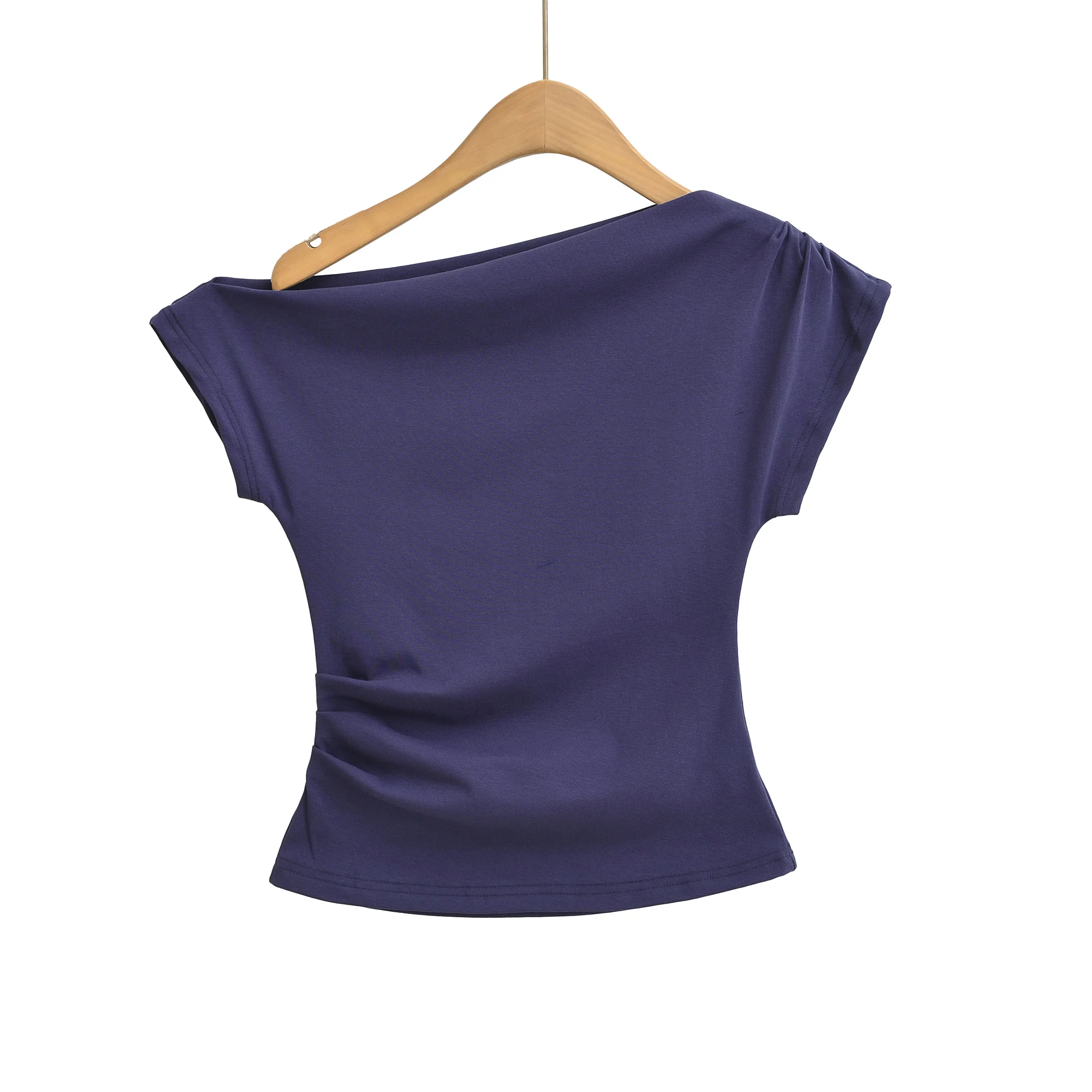 Été nouveau Sle femmes coupe ajustée ort Sve T-irt taille cintrée Sexy côté oulder pli conception respirant absorbant la sueur