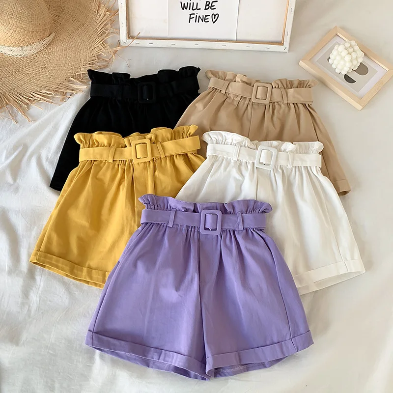 Solid High Waisted Casual Shorts Women Summer A-line Sweet Short Pants Female Fashion Belt Simple All-match Lady Bottoms