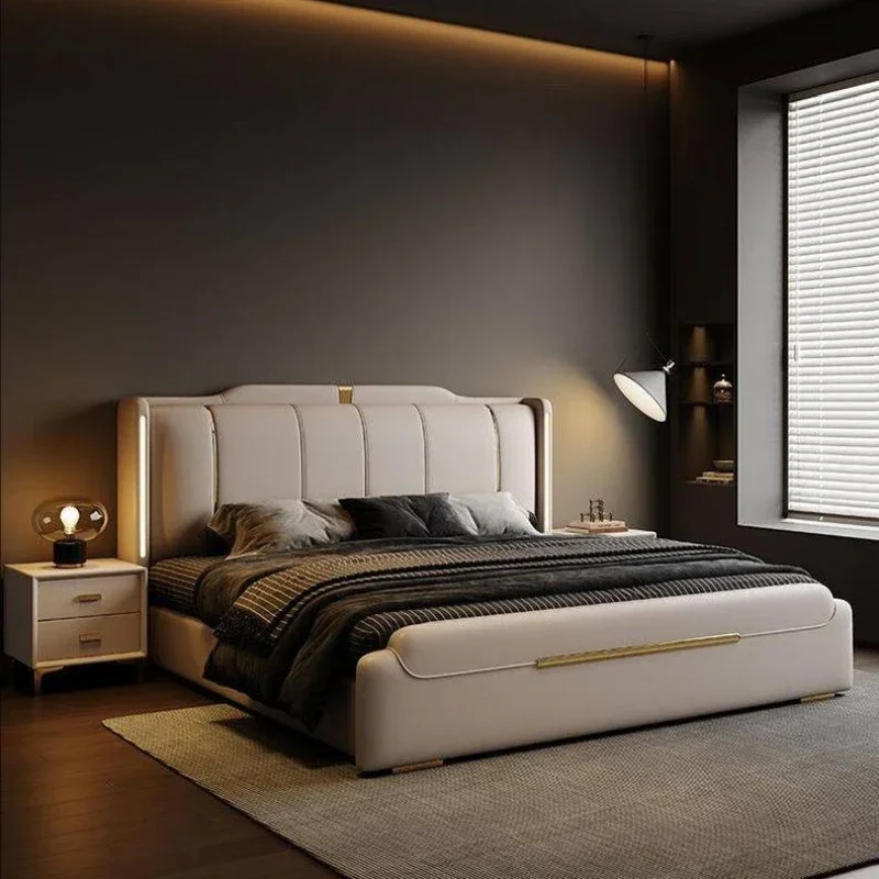 Nappa Leather Bed King Size Luxury 2 People Bed Soft Backrest Headboard Full House Furniture Bedroom Sets Full Set Furniture - view 2