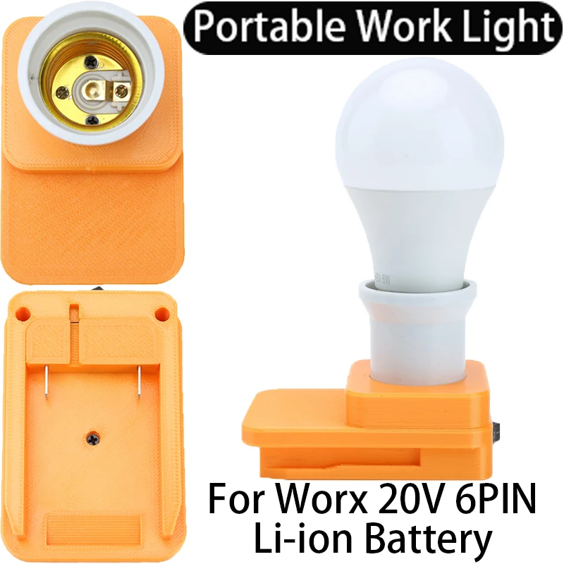 LED Work Light Portable E27 Bulbs For Worx 6PIN 20V Battery Powered Cordless  Lamp Daylight White Non-Dimmable