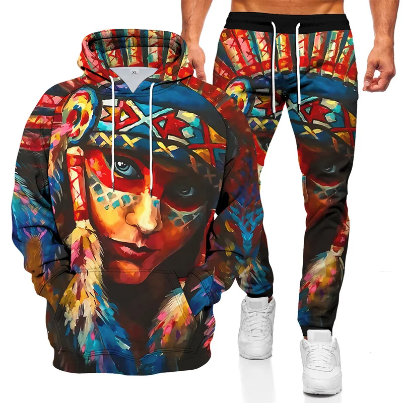 Hoodies For Man Suits New God Indian Portrait Maria 3D Printed Pullovers Pant Men\'s Sweatshirt Set Harajuku Y2K Casual Clothes