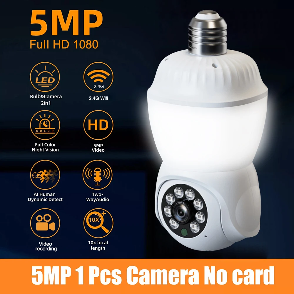 

5MP E27 Bulb WiFi Camera Motion Detection 10x Zoom Security Camera Two Way Audio Color Night Vision Video Surveillance Camcorder