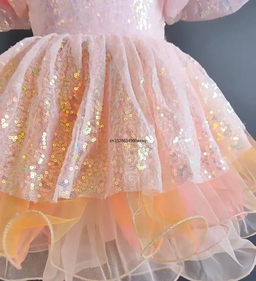 Kinder Ballsaal Kleidung Pailletten modernen Tanz Tutu Kleid Mädchen Blase Ärmel Kinder Leistung Tanz Kostüme Prinzessin Kleid