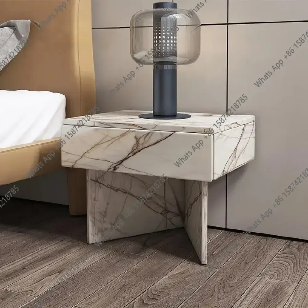 X68 Italian Minimalist Nightstand Calacatta White&Laurent Black Gold Marble, Square Rounded Geometric Base With Large Storage Dr