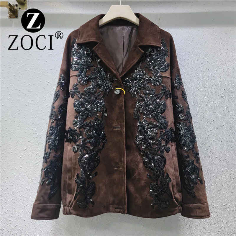 [ZOCI] Brown top women 2024 new cool stylish heavy industry sequin embroidery motorcycle suit deer fur jacket