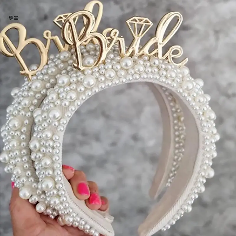 X5QE Vintage Hair Hoop Full Pearls Hairband Bridal Headpiece Bride to Be Short Tulle