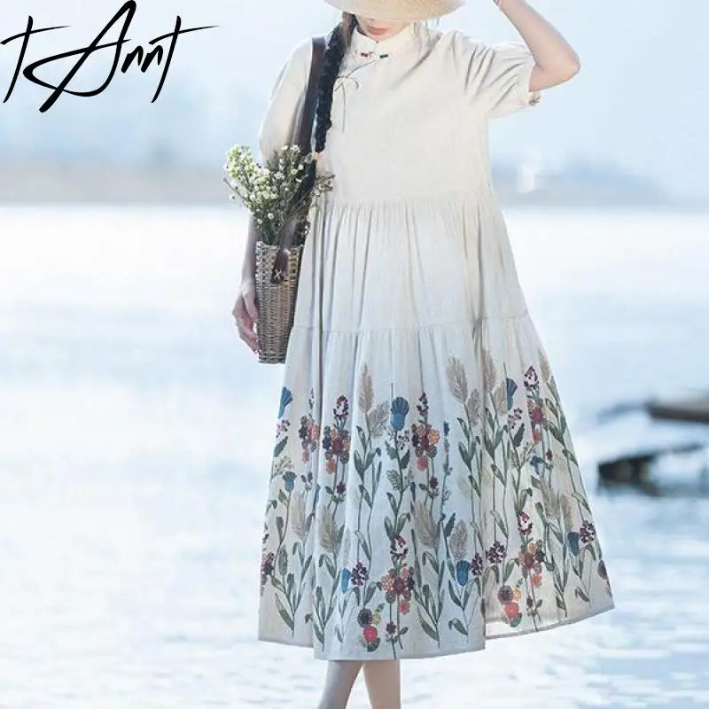 

Tannt Women Dress Vintage Printing Color Matching Long White Dresses For Women Fashion Casual Summer Flower Long Dresses 2025