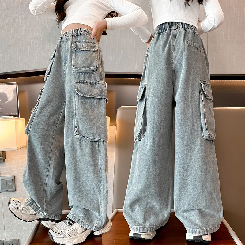 

Child Heavy Industries Light Blue Straight Cargo Jeans with Multi Pocket for Tweens Girl Retro Denim Pants Kids Casual Trousers