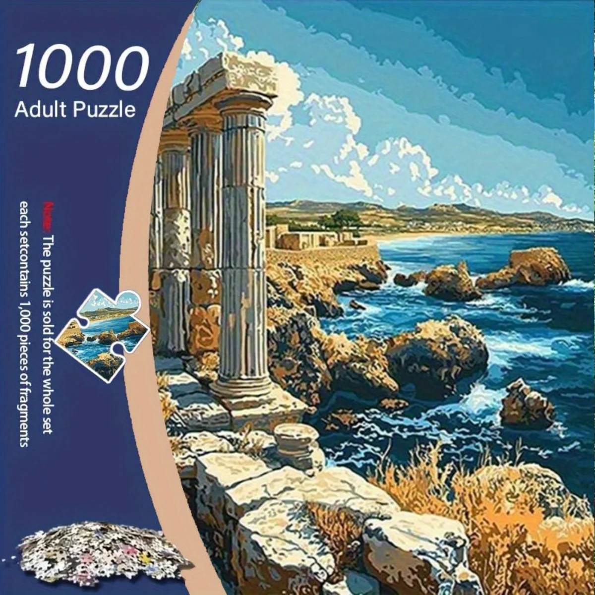 1000 قطعة من أحجية الأطلال اليونانية القديمة - منشار كبير بدون إطار مع أعمدة حجرية، المحيط الأزرق، الغيوم البيضاء والتملال - تحدي #1