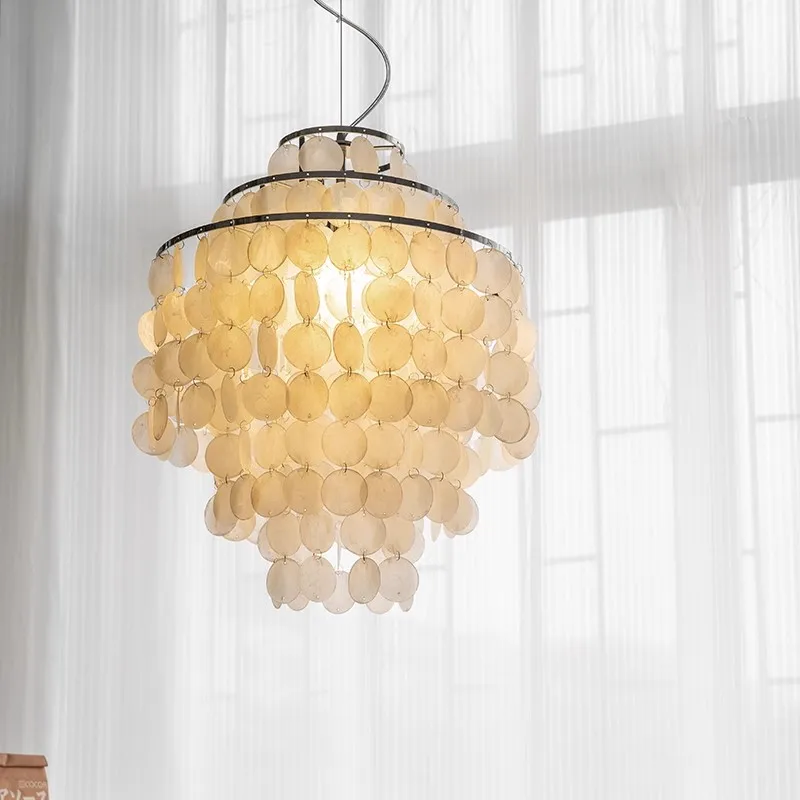 

French designer restaurant study bedroom lamp mica shell wind chime lamp luxury living room pendant light