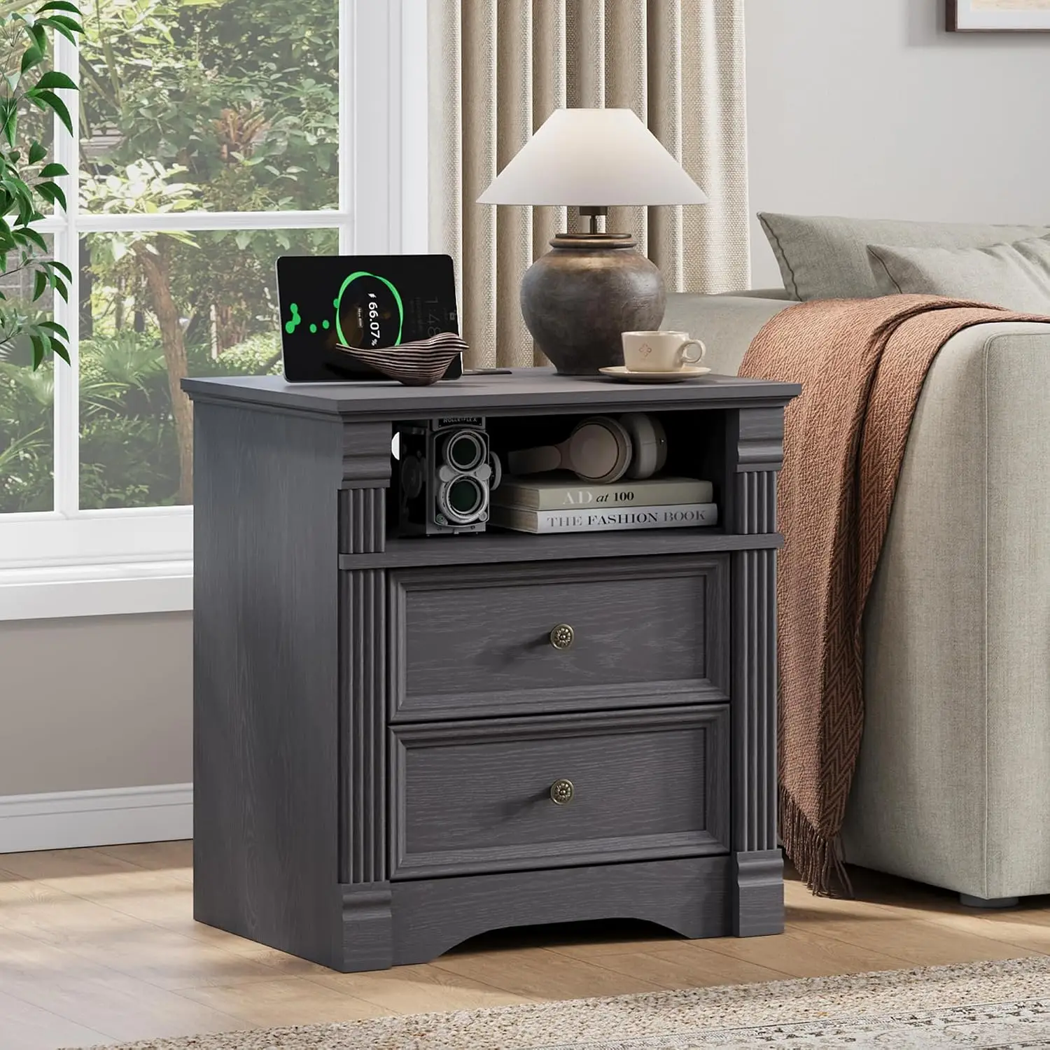 Grey Nightstand Charging Station, Farmhouse Bedside Table 2 Drawers & Wood Pilasters, Metal Handles Bedroom Living Room, Customi