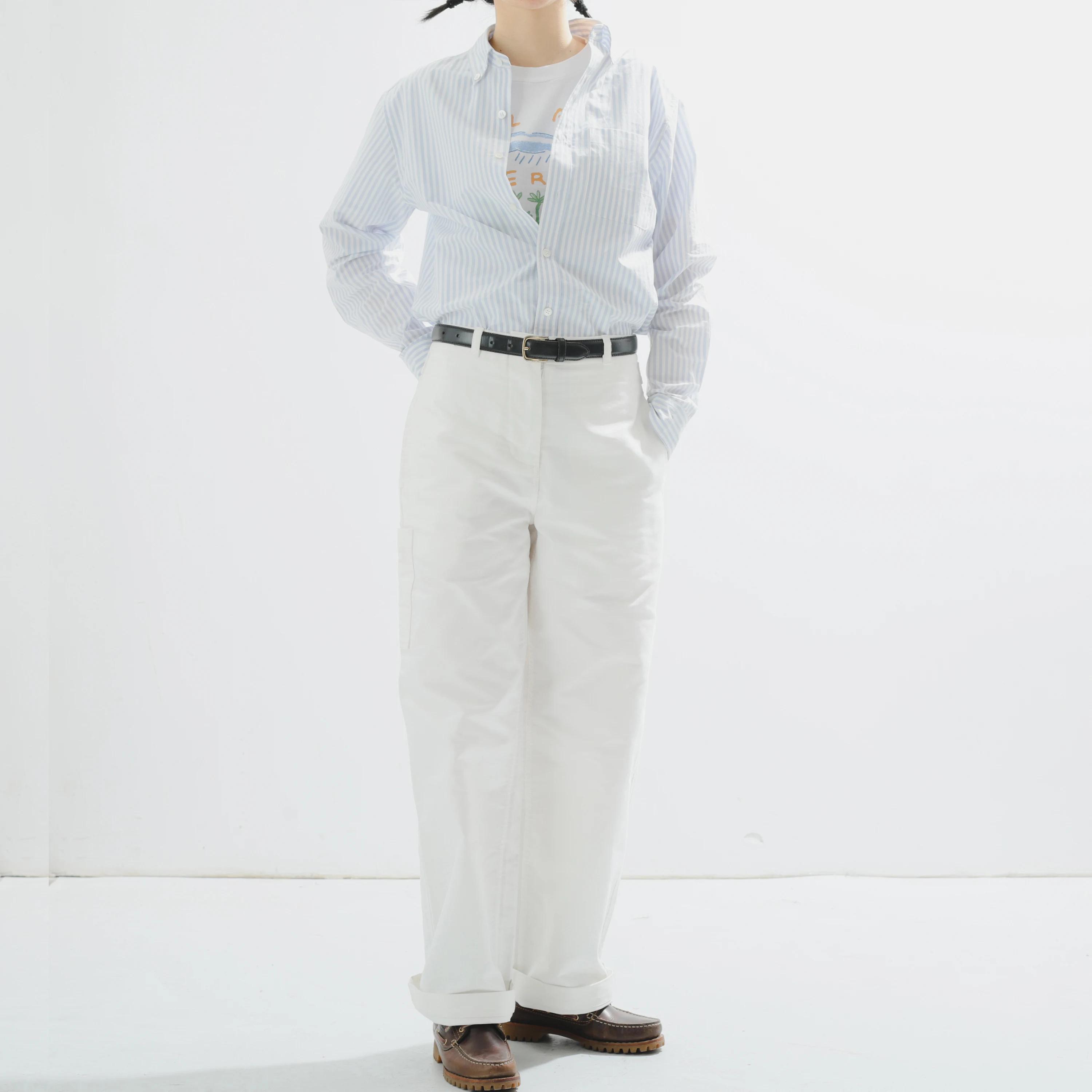 

Coudre American Retro Girls Crisp White Cotton Loose Straight Leg Pants Long Trousers High Waist Zipper Casual Pants