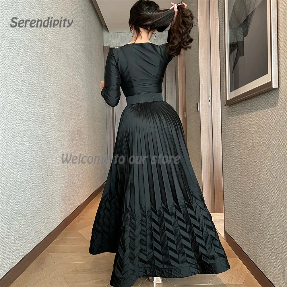 Serendipity Satin Boat Neck A-Line Evening Dress Elegant Crystal Pleat Long Sleeve Cocktail Prom Gown Sexy Women 2024 New