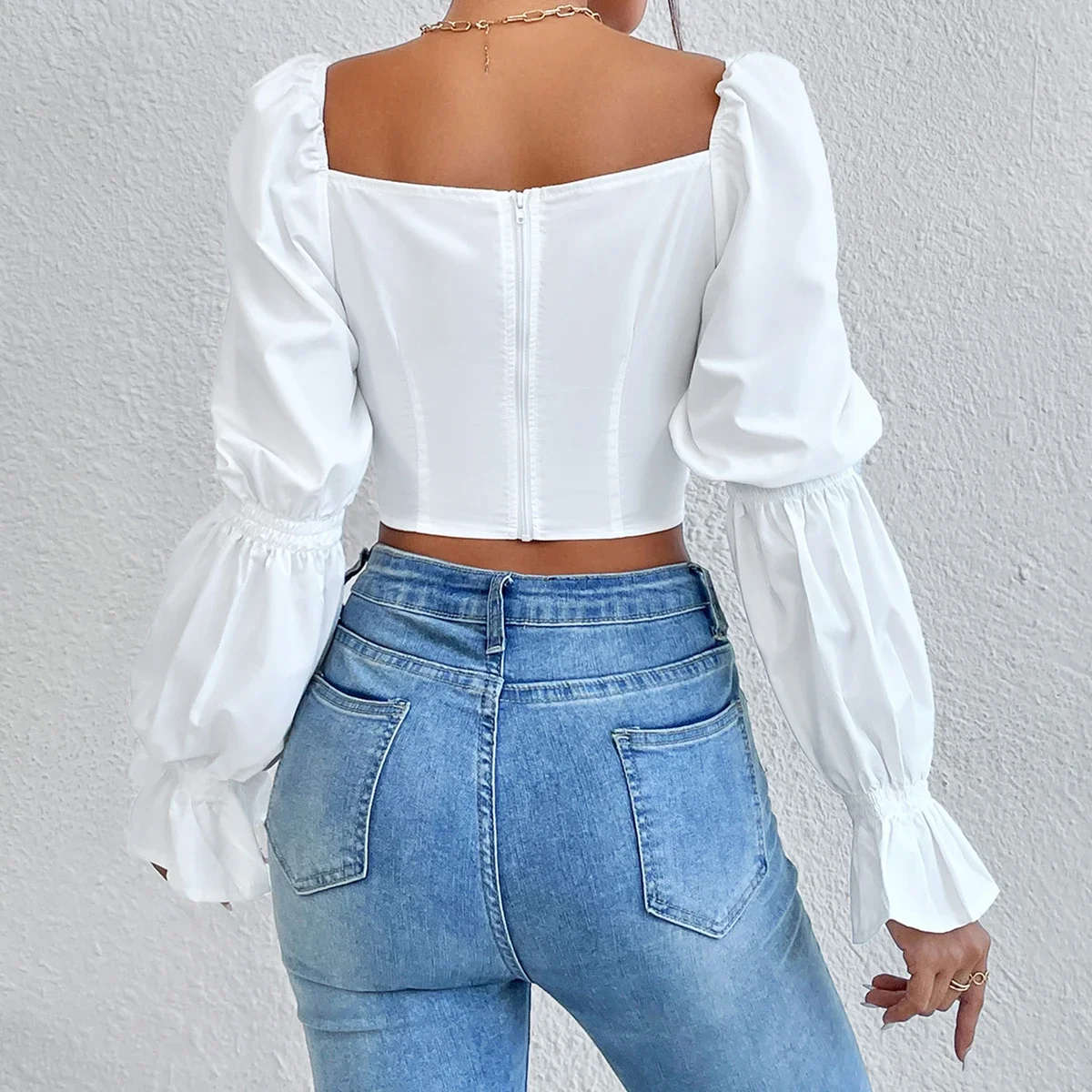 Vemina New Arrivals Autumn Winter Y2K Street Style Slim Blouses Women White Sexy Bow Backless Puff Long Sleeves Crop Top