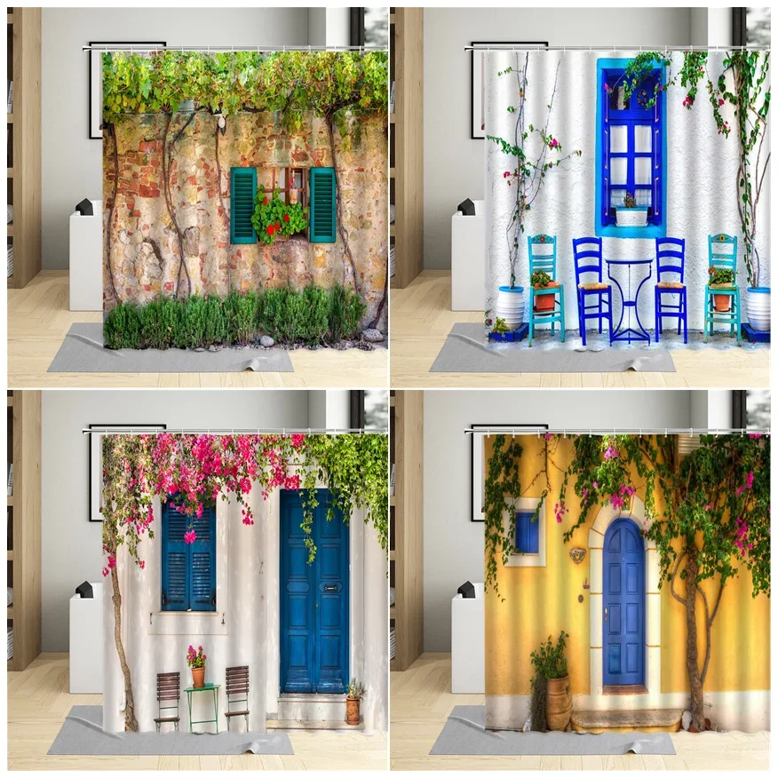 Garden Flower Shower Curtain Small Town Stone Wall Window Door Plant Landscape Pattern Bathroom Decor Polyester Cloth Curtain Se