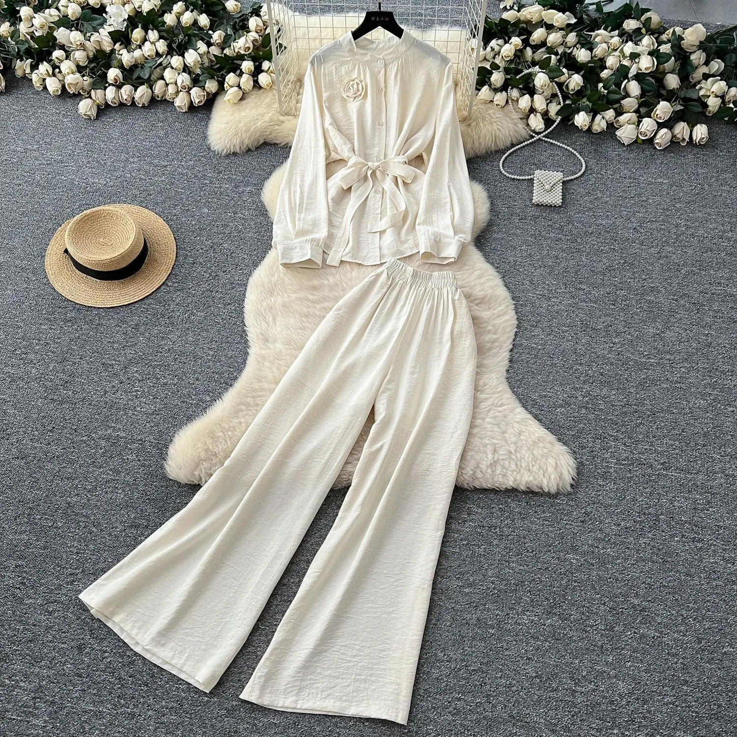 ผู้หญิงชุดกางเกง 2 ชิ้นชุดรอบคอแขนยาวเสื้อลูกไม้ขึ้นขากว้างยาวกางเกงเอวยางยืด Y2k Streetwear ทํางาน