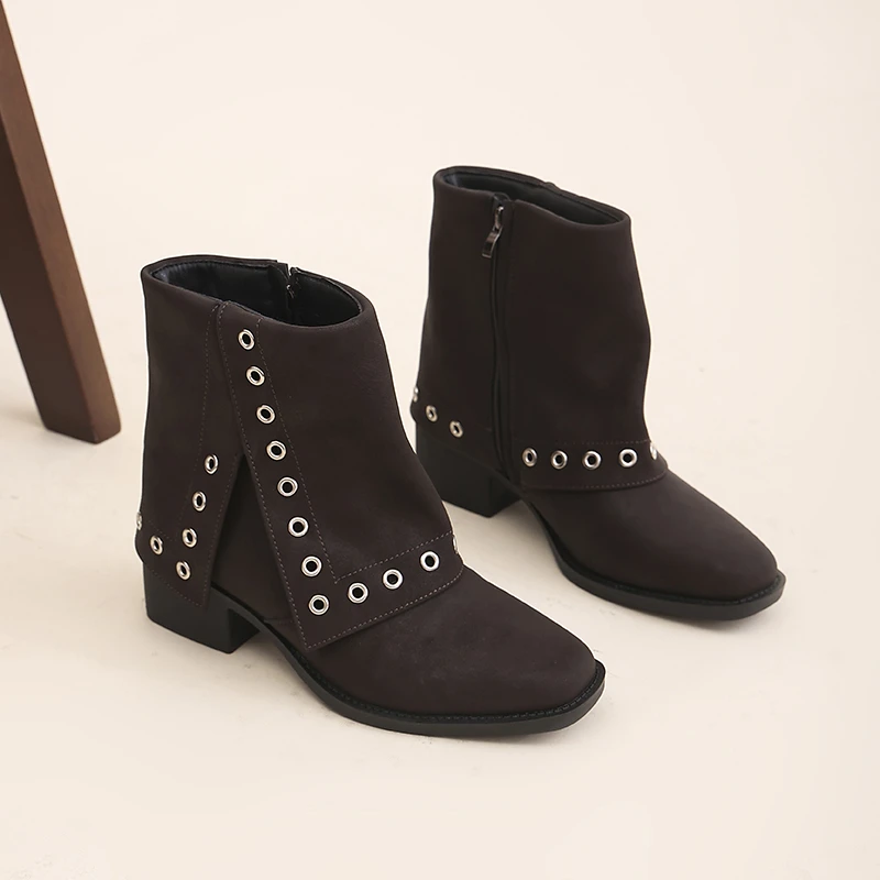 

Rivet Booties Autumn and Winter New Square Toe Suede Rivet Soft Sole Non-slip Wear-resistant Block Heel Cotton Shoes