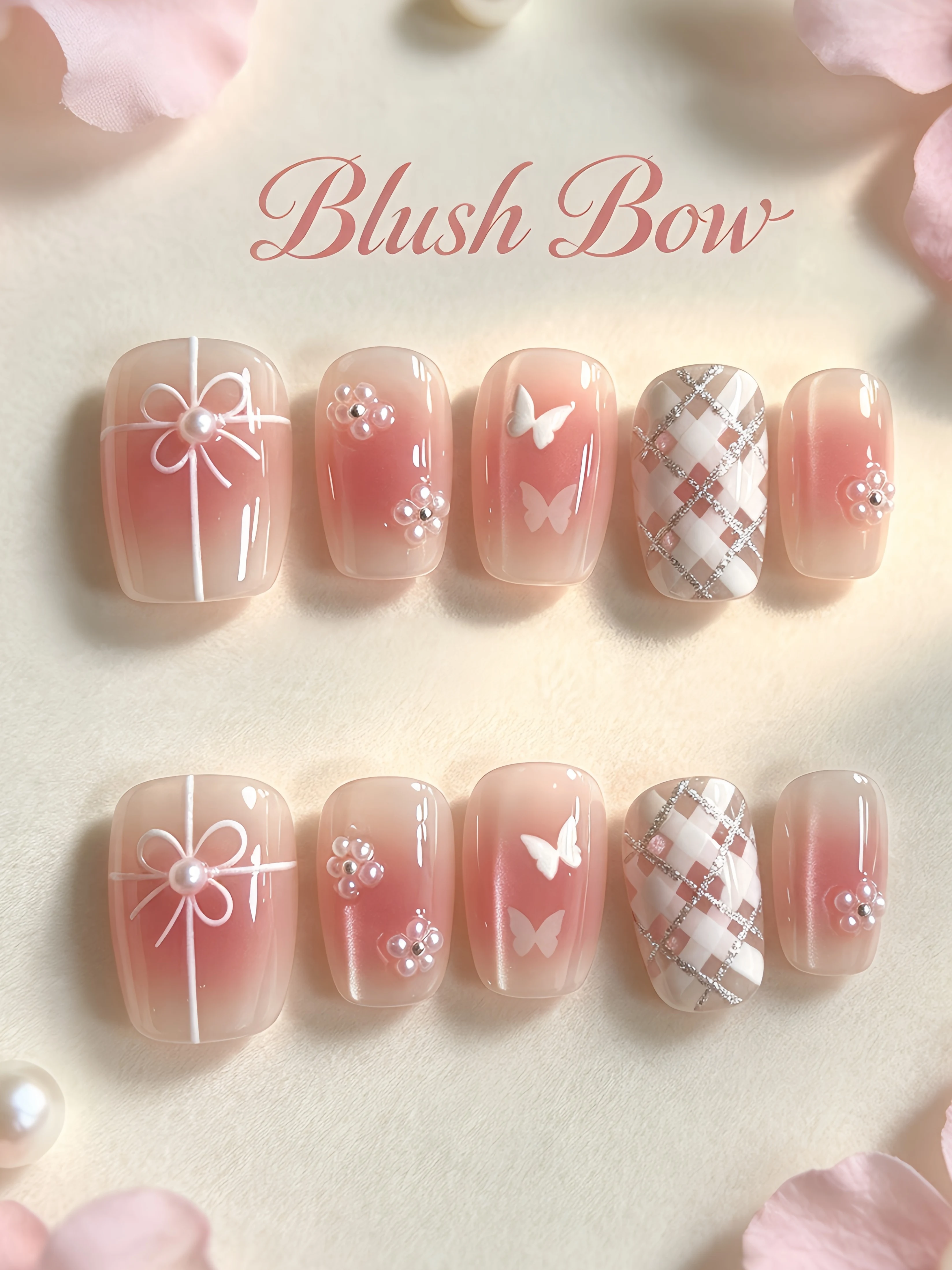 Sweet Plaid Nail Stickers with Nude Translucent Base, Blush Pink Butterfly Design, Korean Style Short Square Round Handmade Press-On Nails for Photos