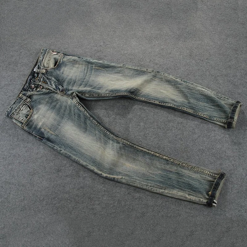 Italian Style Fashion Men Jeans Retro Washed Stretch Slim Fit Ripped Jeans Men Buttons Fly Vintage Designer Denim Pants Hombre