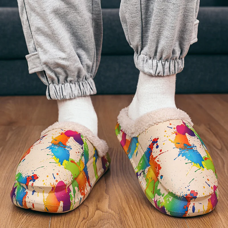 Winter Men Women Slipper Warm Furry Graffiti Slippers Couples EVA Indoor Home Cotton Shoe Casual Fluffy Slides Plush Clogs 36-45