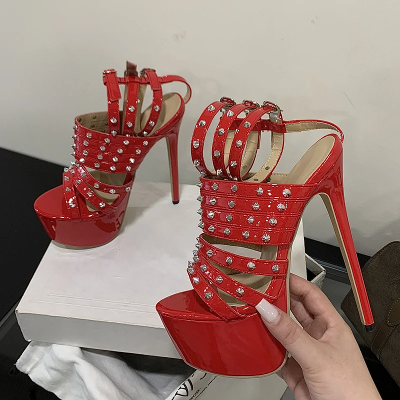 Women's Studded Multi‑Strap Platform Heels, Open Toe Double Ankle Buckle Super High Stiletto Punk Rock Nightclub Party Footwear