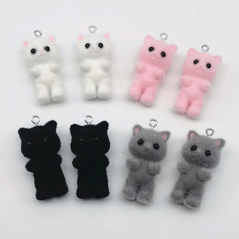2pcs Cute 3D Fluffy Flocking Resin Cat Charms