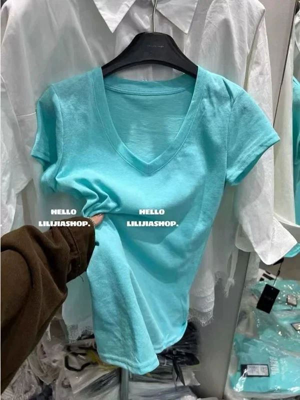 

plus Size 300 Pounds Snowflake Cotton V-neck Short Sleeve T-shirt Women Summer Casual Fit Shoulder Top Korean Style Pure Color