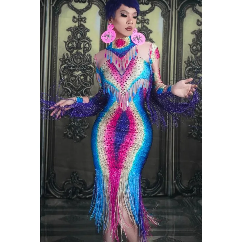 

Celebrity Evening Celebrate Birthday Tassel Dress Women Colorful Rhinestones Fringe Dress Bar Singer Stage Performance Costume