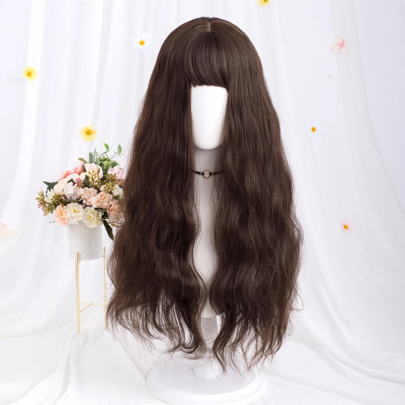 

Длинные волнистые синтетические волосы Лолиты, фиолетовый, зеленый, черный, синий, коричневый, женский парик для косплея с челкой для косплея, повседневной вечеринки