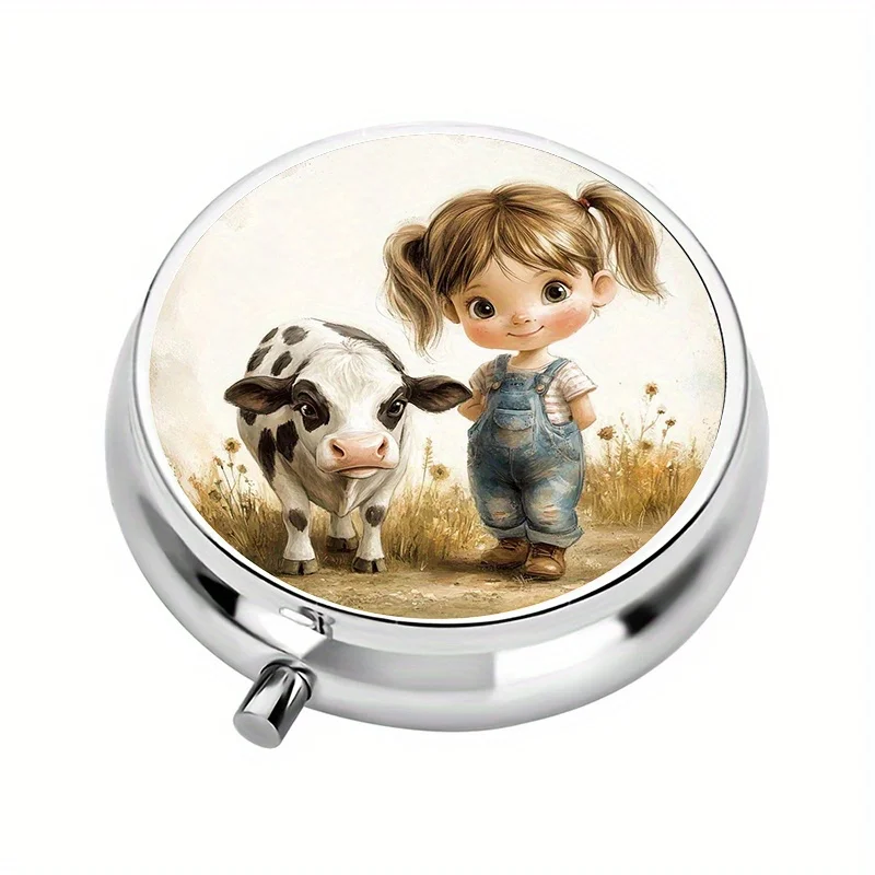 1 pill box, with 3 compartments, cute cartoon cow girl themed mini pill container, pill organizer, portable travel style, unique gift