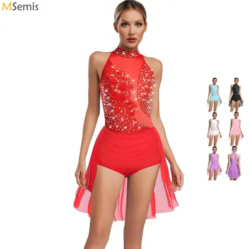 Leotardo de baile de patinaje artístico para mujer, sin mangas, apliques de diamantes de imitación, mono de malla, vestido de gimnasia latino Chacha lírico moderno