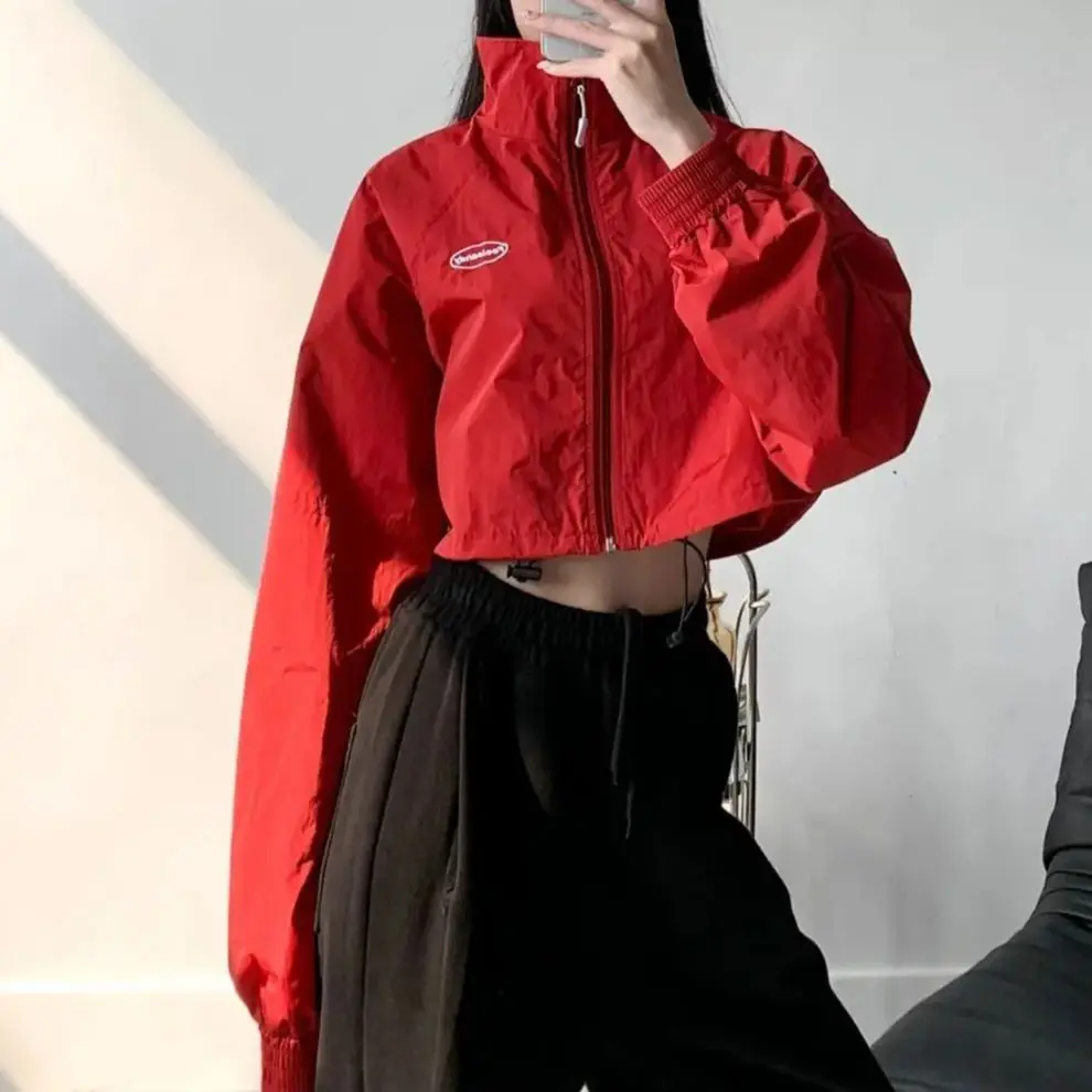 Thin Collar Jacket Cropped Track Jackets Women Vintage Zipper Windbreaks Korean Fashion Vintage American Girl Short Outerwear