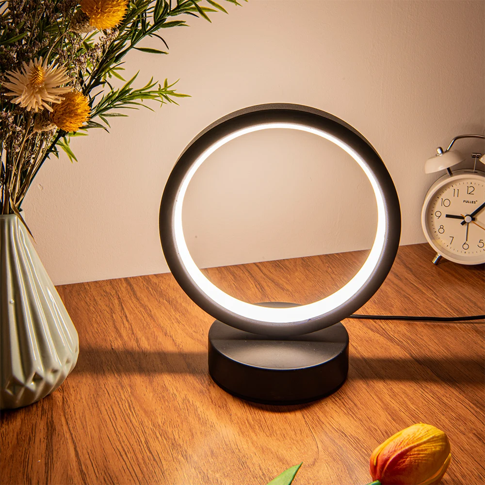 Nordic Style LED Table Lamp 5VUSB Plug Three Tone Light Circular Atmosphere Wrought Iron Design for Bedroom Study