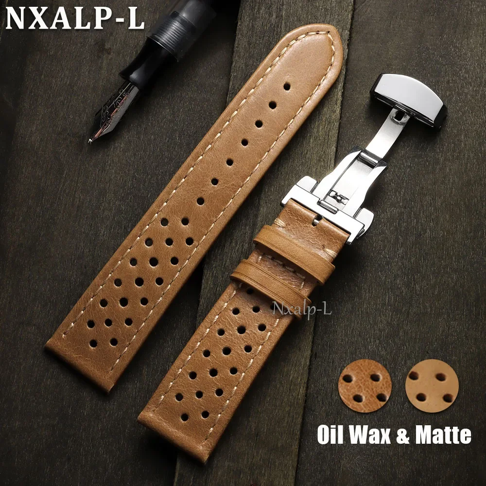 Breathable Cowhide Watch Strap 18mm 20mm 22mm Oil Wax&Matte Leather Wristband for Seiko for Omega Band Butterfly Clasp Bracelet