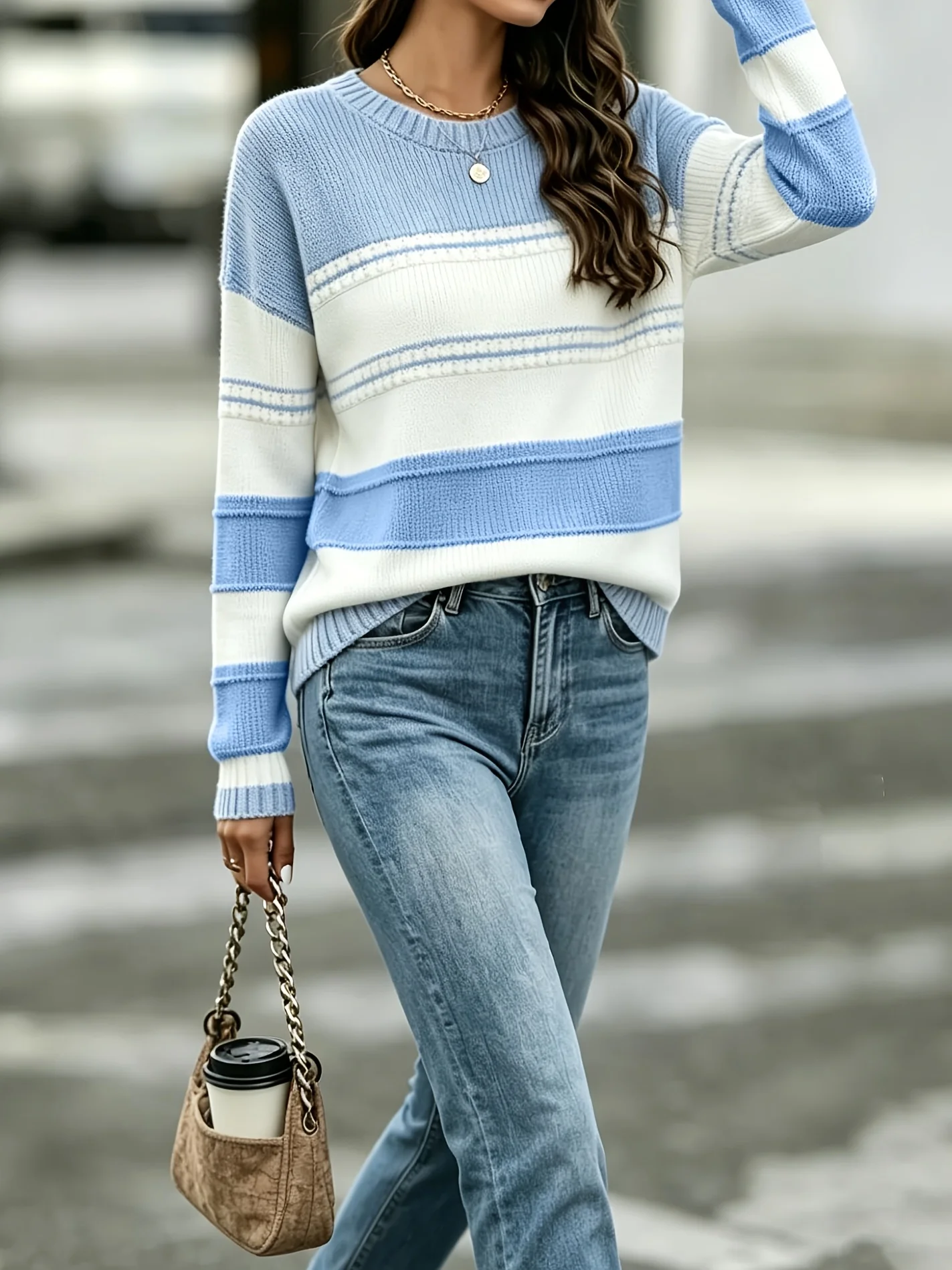 Damen-Strickoberteil mit Rundhalsausschnitt, geripptem Rand und Kontrastfarben, geeignet für den täglichen, legeren Gebrauch, elegant, im Herbst- und Winterstil. – Detail 3