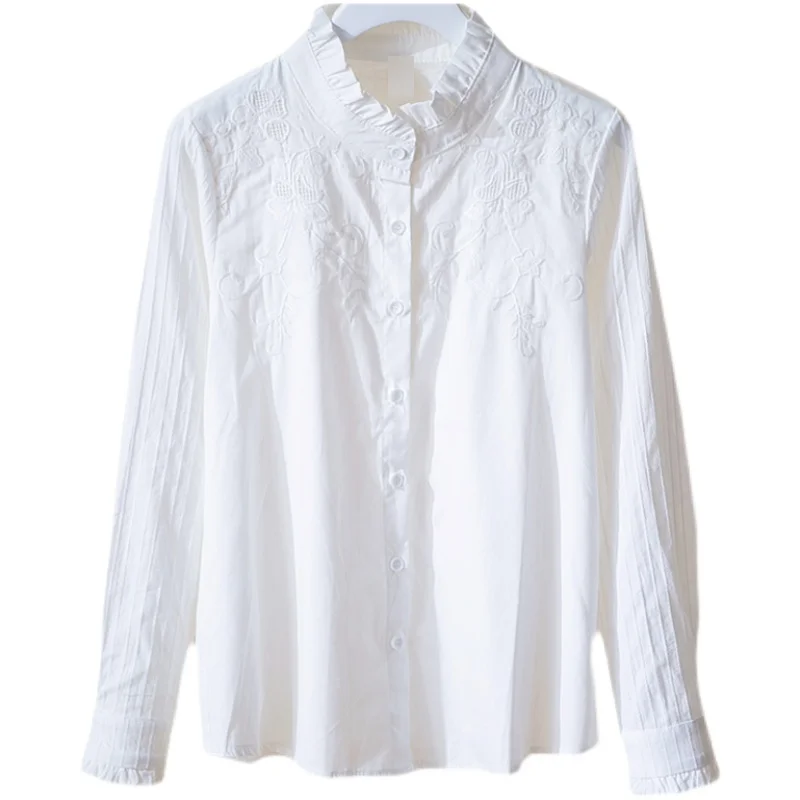 Camisa blanca de manga larga con bordado para mujer, cuello de volantes vintage, estilo dulce, prendas de vestir femeninas, Verano