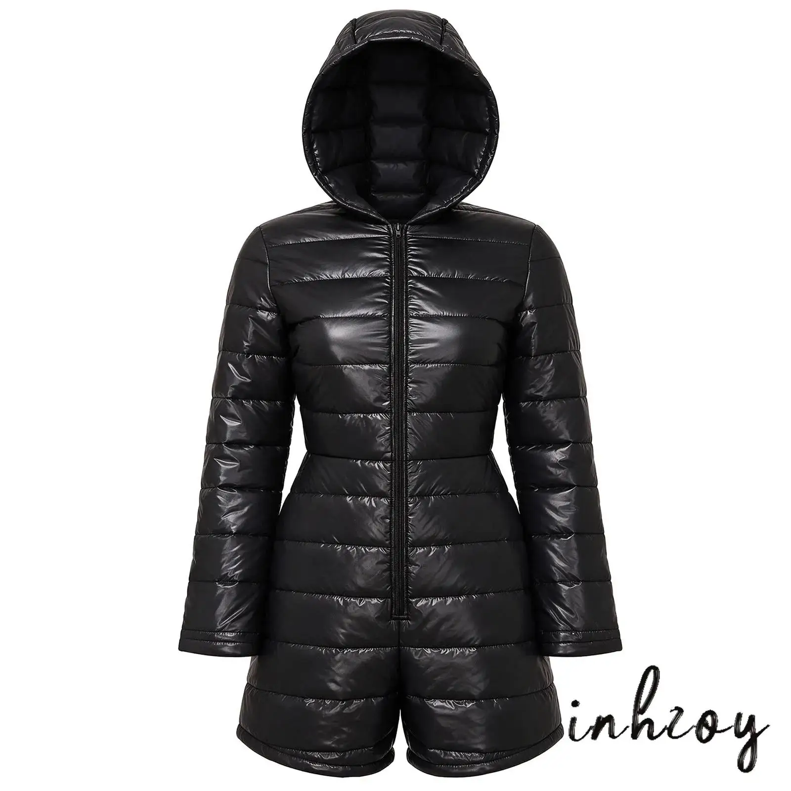 Women Skiing Bodysuit Water Resistant Padded Hooded Long Sleeve Zipper Front Thigh Length Jumpsuit with Pockets