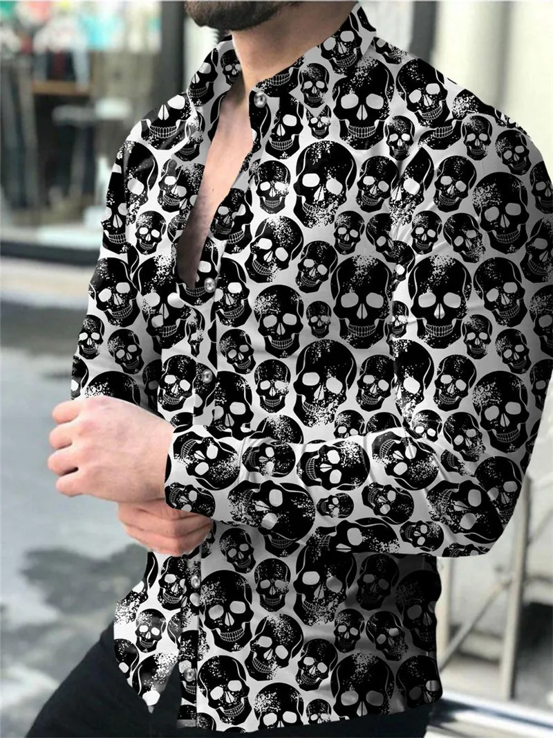 Sunflower Skull Print Men's Shirt Autumn Daily Casual Gothic Style Long Sleeve Tops Loose Breathable Quick Dry Halloween Clothes